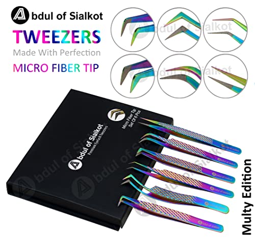 Abdul of Sialkot Fiber Tips Volume Tweezers for Eyelash Extensions, Set of 6,Volume Boot, Made with Perfection Micro Tip (6 Piece Set (Blue)