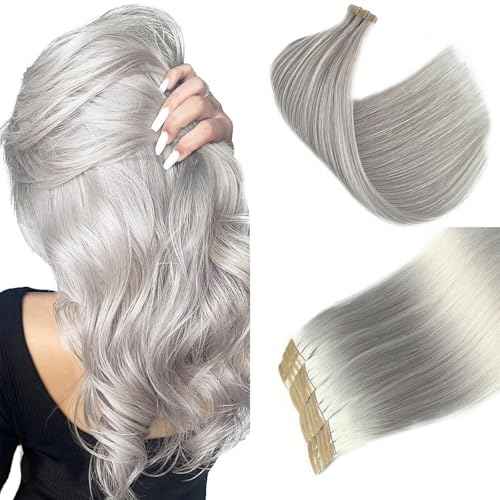 Silver Grey Tape in Hair Extensions Real Human Hair 24 Inch Invisible Seamless PU Tape in Hair Extensions Double Sided Silky Straight Human Hair 50/20pcs