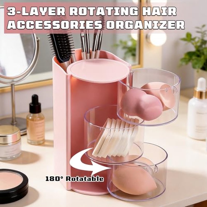 3-Layer Rotating Hair Accessories Organizer - White & Pink