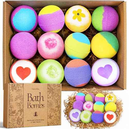 Christmas Bath Bombs, 12 Pack Handmade Bubble Shower Bombs Set, Shea Butter & Individually Wrapped, Present Idea for Her/Him, Wife, Mom Women