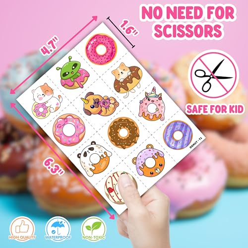 96PCS Donut Pre-Cut Temporary Tattoos for Kids - Cute Birthday Party Decorations, Stickers for Girls & Boys, Fun Party Favors, Classroom Prizes, Christmas Gifts, Themed Party Supplies