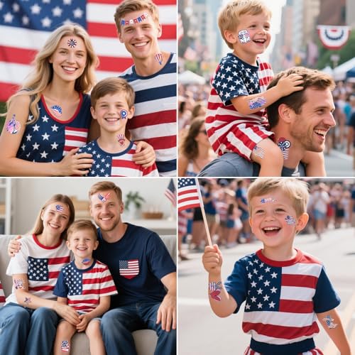 82 PCS Glitter 4th of July Temporary Tattoos American USA Flag Patriotic Fake Tattoo Sticker Red White and Blue Party Supplies for Kids Women Men Memorial Day, Independence Day, Labor Day