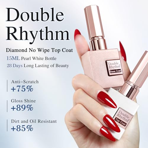 Double Rhythm 2-Piece No Wipe Gel Top and Base Coat Set - 15ml Clear Gloss