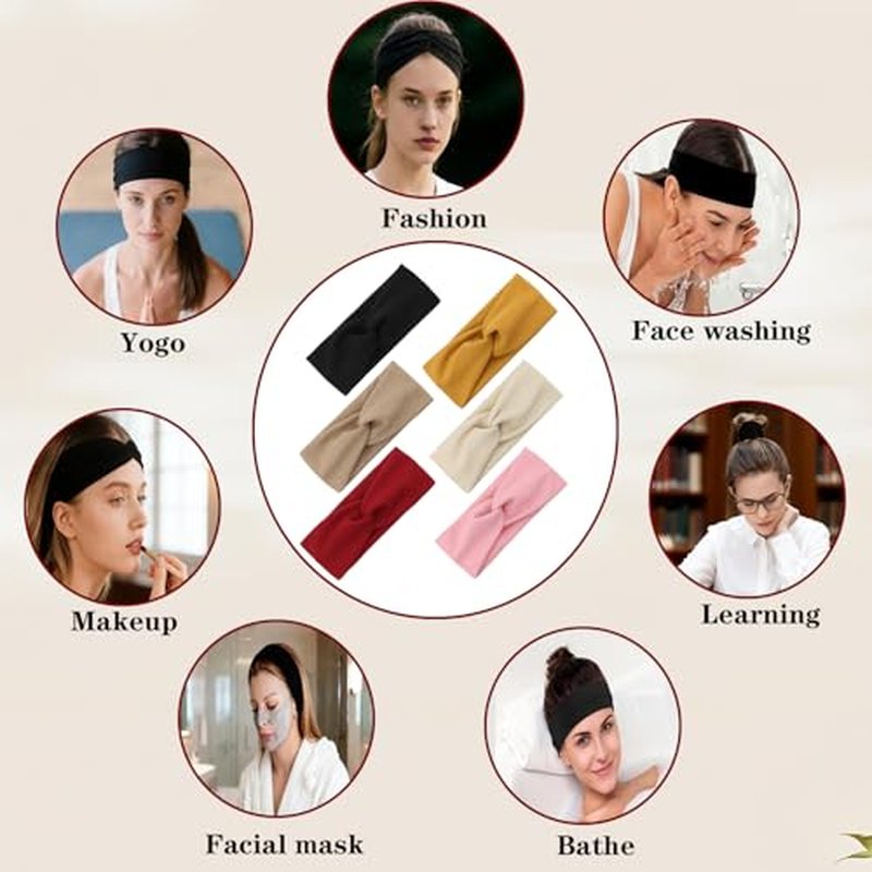 6-Pack Wide Stretchy Headbands for Women - Non-Slip Knotted Hairbands
