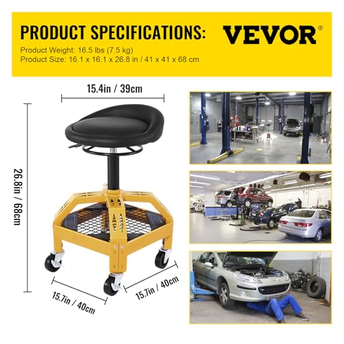 VEVOR Rolling Garage Stool - Adjustable Height, 300LBS Capacity, Mechanic Seat with Tool Tray & Swivel Wheels