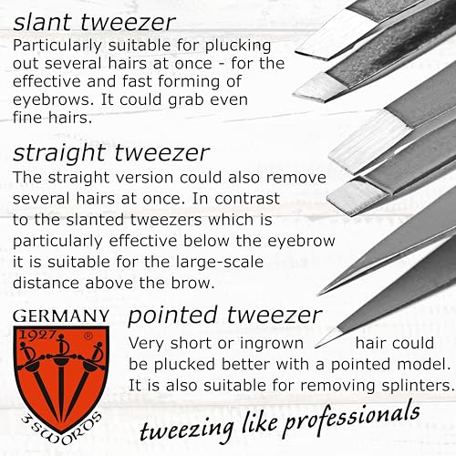 3 Swords Germany ? brand quality professional stainless steel precision tweezer set ¡°USA¡±, slanted, straight, pointed eyebrows hair, synthetic leather case, manicure pedicure by 3 Swords