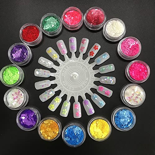 16 Colors Boxes Set Colorful Sakura Petals Shape Glitter Sequins for Festival Rave Beauty Makeup Face Body Nail Craft Art Christmas Halloween Decoration 16C