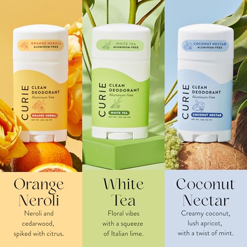 Curie Natural Deodorant for Women - Original Stick Variety Pack - Coconut Nectar, Orange Neroli, and White Tea - Aluminum Free, Clean, Sustainable, Vegan, Paraben Free (3pk)