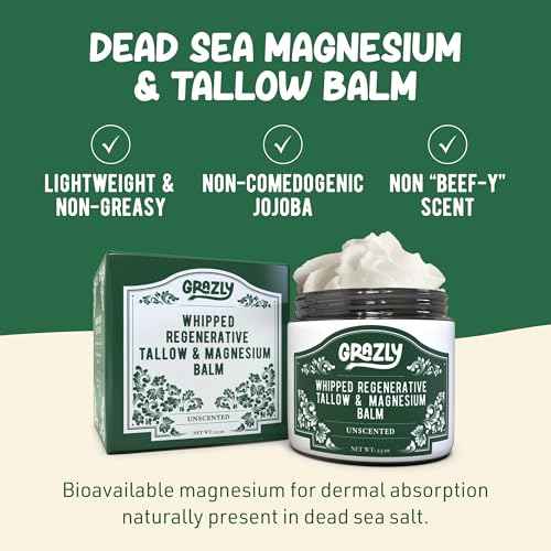 Whipped Beef Tallow for Skin w/Dead Sea Magnesium, Manuka Honey & Jojoba Oil - Grass Fed Beef Tallow Balm - Body & Face Moisturizer for Dry, Sensitive Skin - Unscented - 2.5oz
