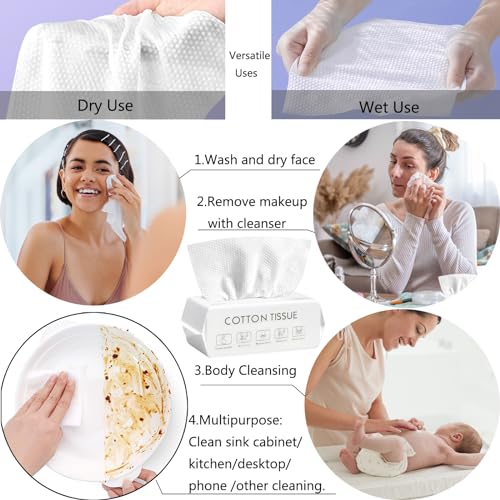 Disposable Face Towel, 100% Plant Cotton Fiber Biodegradable, Dry/Wet Use Facial Clean Washcloth Tissue Makeup Remover Cloth Pads Wipes for Sensitive Skin Cleaning,Travel (420 ct, 6 pack)