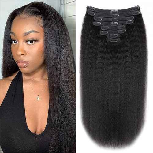 Kinky Straight Human Hair Clip in Extensions 120g Full Head Clip ins for Women 100% Unprocessed Brazilian Virgin Human Hair Yaki Straight Clip ins Remy Hair Natural Black 8Pcs 18Clips 18inch