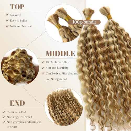 Boho Braids Human Hair Knotless Ombre Blonde Human Braiding Hair 14 Inch 27/613 Ombre Water Wave Bulk Human Hair for Braiding Wet and Wavy No Weft 100g 2 Bundles Curly Human Hair Extensions