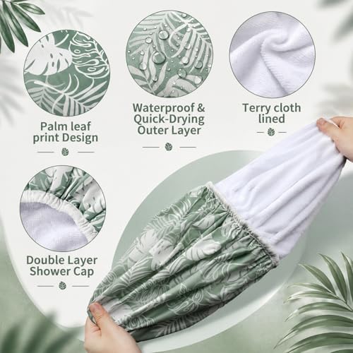 Jiuguva Large Green Waterproof Shower Cap for Women - Terry Lined, Vacation Style