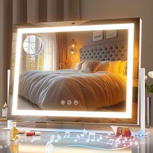 Hasipu Vanity Mirror with Lights and Bluetooth Speaker, 17.7" x 12.6" LED Makeup Mirror, Light up Mirror with 10X Magnification, Smart Touch 3 Colors Dimmable, Brightness Adjustment (White)