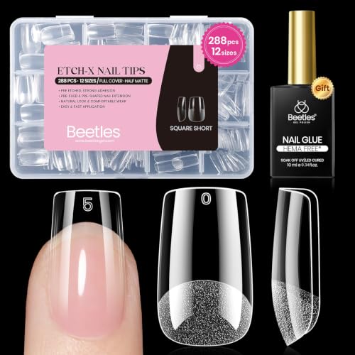 6-3 Square Short Nail Tips Kit 288 pcs with Glue – No Shaping Needed, Pre-Filed, Natural Fit, HEMA-Free