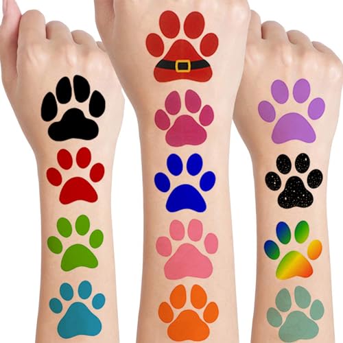 12 Sheets Dog Paw Temporary Tattoos, Paw Print Birthday Party Supplies Decorations Cute Face Body Art Fake Tattoo Stickers Paw Print Party Favors Goodie Bag Fillers School Classroom Reward Gifts