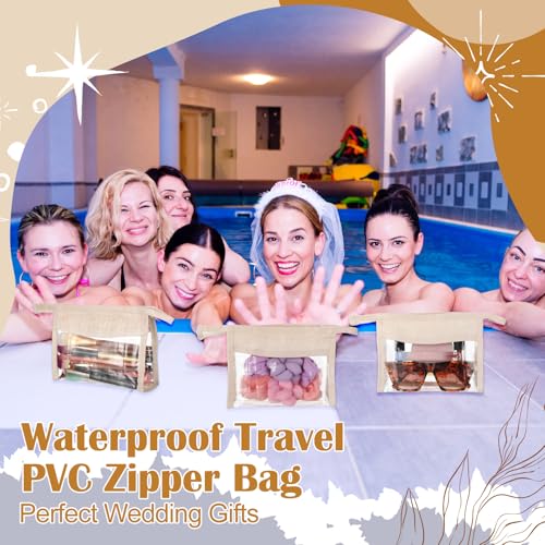 Kacctyen 10 Pcs Boho Clear Beach Bag Makeup Pouch Waterproof Sunscreen Cosmetic Bag with Zipper for Bridesmaid Gifts Wedding Party Favors Beach Vacation (Khaki)