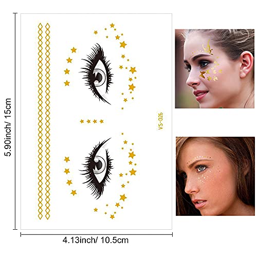 14 Sheets Face Temporary Tattoos, Rosymormor Face Stickers Gold Metallic Temporary Transfer Glitter Fake Tattoos, Freckle Stickers for Women Girls Festival Halloween Makeup Dancer Costume Parties
