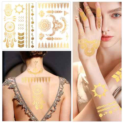 Konsait 9 Sheets Metallic Tattoos, Elaborate Floral Elephant Patterns Metallic Temporary Tattoos for Women Girls, Gold Tattoos for Parties Makeup Cosplay Festival Accessories