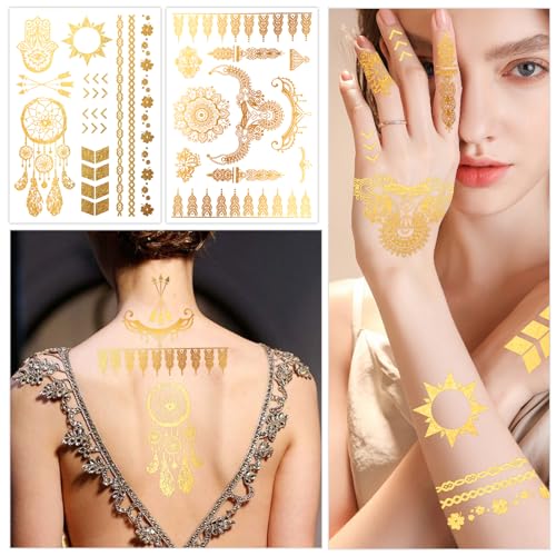 Konsait 9 Sheet Metallic Temporary Tattoos Gold Floral