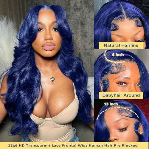 30 Inch Blue Lace Front Wigs Human Hair 13x6 Hd Transparent Body Wave Lace Frontal Wigs Human Hair Pre Plucked 180% Density Glueless Dark Blue Wig for Women Wear And Go Navy Blue Wig