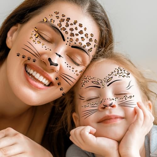 Leopard Face Tattoo Stickers - 7 Sheets Glitter Cheetah Print