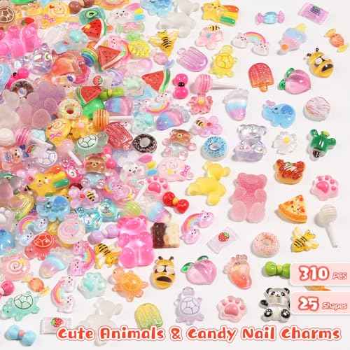 300PCS Kawaii Nail Charms Kit, 3D Animal & Candy Resin Charms for Acrylic Nails, Cute Bear Bee Fruit Nail Art Supplies with Tweezers for DIY Crafts & Shoe Decor