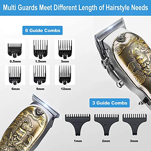 Haircut Clippers and Trimmers Set of 3, Cordless Ornate Hair Clippers for Men Professional Barber Clippers for Hair Cutting Kit with T-Blade Beard Trimmer Set, Knight, LED Display(Gold)