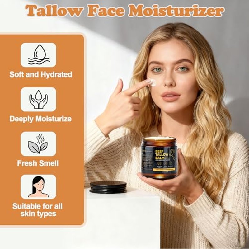 Beef Tallow for Skin, Natural Tallow Balm with Raw Honey and Beeswax for Face, Deep Nourishing Moisturizers, Grass-Fed Beef Tallow Cream for All Skin Types