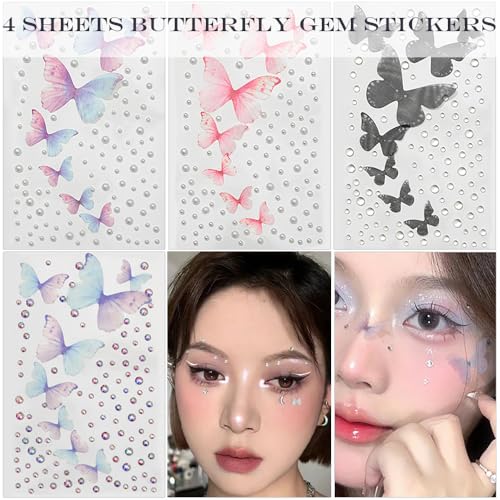 Butterfly Face Gem Stickers - 4 Sheets 3D Crystal Jewels