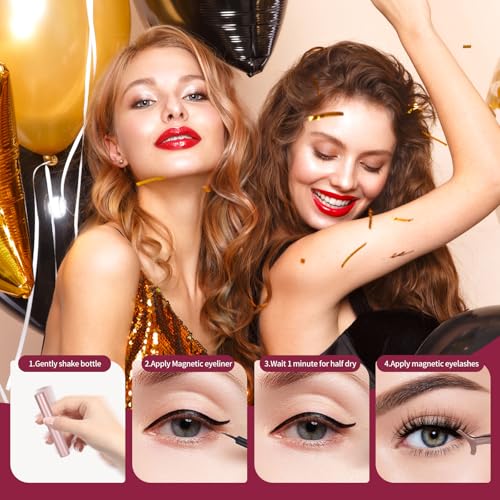 Magnetic eyelashes with eyeliner (5 pairs), is simple and convenient to wear, can be reused, glue-free, and can be used longer with 2 eyeliners (natural styles)