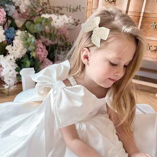 TOKUFAGU 2 PCS Pearl Hair Bows Clips for Toddler Girls, Elegant Ivory White Pearl Clips Hair Accessory for Flower Girl Wedding Birthday Halloween Christmas