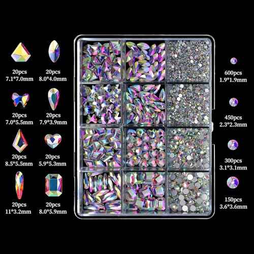 1660Pcs Crystal AB Nail Art Rhinestones: 8 Types of Multi Shapes Diamonds + 4 Sizes Flatback DIY Crafts Rhinestone Crystals 3D Glass Stones Set + Tweezer + Pickup Pen