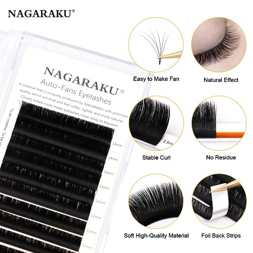 NAGARAKU Easy Fan Eyelash Extensions Volume Lashes 5 Trays in 1 Pack 0.05 D curl 11/12/13/14/15mm Rapid Blooming Russian Mega Volume Soft Cluster For Beginners
