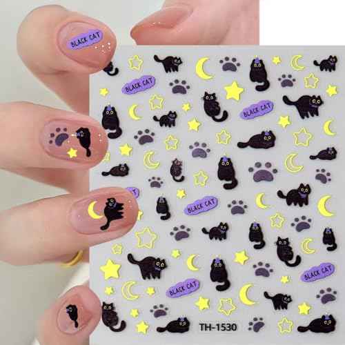 Black Cat Nail Art Stickers, 8 Sheets, Cat Nail Stickers,Cartoon Animal Self-Adhesive Nail Decals Supplies Cute Cartoon Manicure Sliders for Women Girls Nail Art Decorations