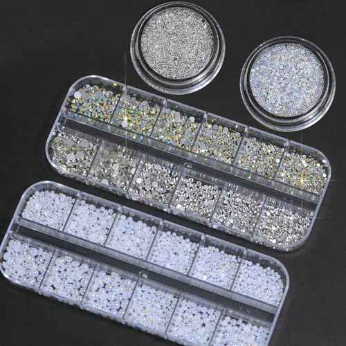 HNUIX Nail Rhinestones and Pearls Nail Charms, 4Box Crystals Nail Gems, Rhinestones, Pearl for Nails Gemstones Bling for DIY Nail Art Decor , with Wax Pencil and Tweeze