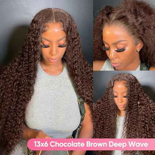 Chocolate Brown 13x6 Deep Wave Lace Front Wigs Human Hair 210Density Curly Wig HD Lace Front Wigs Human Hair Pre Plucked Frontal Wigs Human Hair Brown Glueless Wig For Women 32Inch