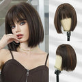 12-Inch Short Blonde Brown Bob Wig with Bangs - Heat Resistant