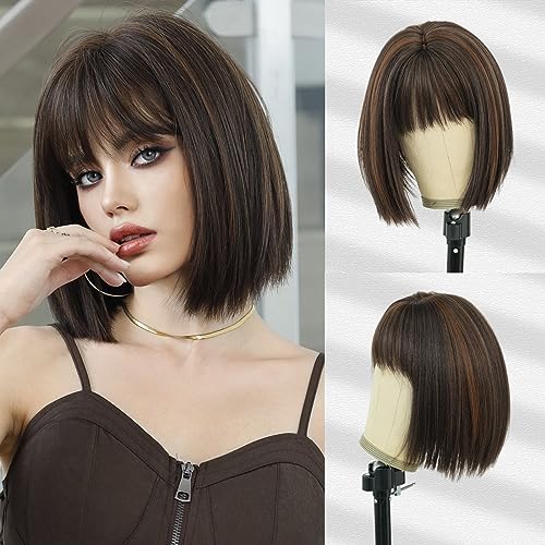12-Inch Short Blonde Brown Bob Wig with Bangs - Heat Resistant