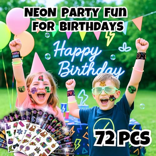 Cherisnowy 72 PCS Neon Party Favors Set - 48 Tattoos & 24 Slap Bracelets