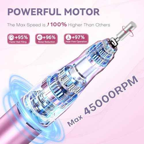 Nail Drill Electric Nail File Kit 45000 RPM Professional Efile Nail Set,Cordless Portable Rechargeable Acrylic Gel Nail Polish Remover Machine Pedicure Manicure Tool with 11 Bits for Salon Home