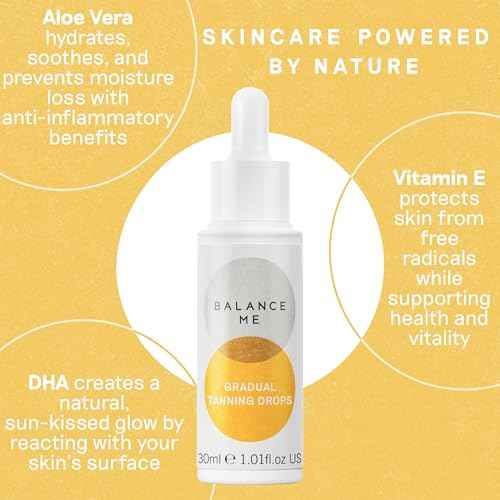 Balance Me Gradual Tanning Drops 1.01 fl oz, With Vitamin E, Hydrating Self Tanning for Face & Body, Streak-Free and No Odour