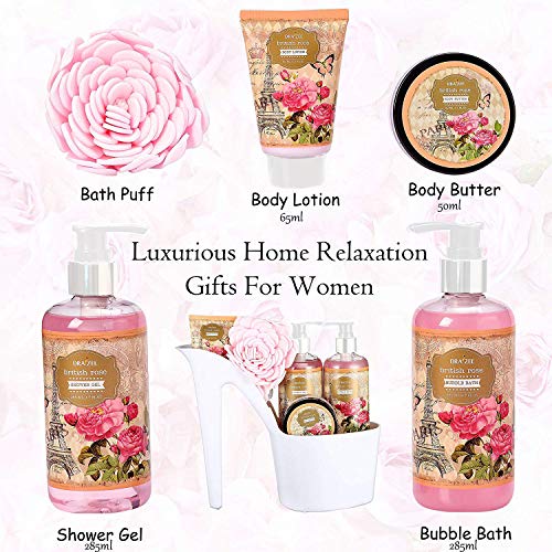 Spa Gift for Women - 5 Pcs Luxury Heel Shoe Spa Basket for Women Rose Scented Home Relaxation Set w/ Body Lotion & Butter, Shower Gel, Bubble Bath - Birthday, Self Care Gifts for Women by Draizee