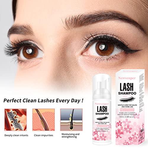 Lash Shampoo for Eyelash 100ML + Brush & Mascara Wand Eyelid Foaming Cleansing, Eyelash Extension Cleanser Remover,Makeup Remover,Salon and Home Use