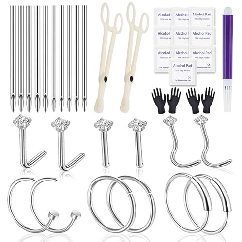 Nose Piercing Kit with 20G Rings, Needles, and Clamps