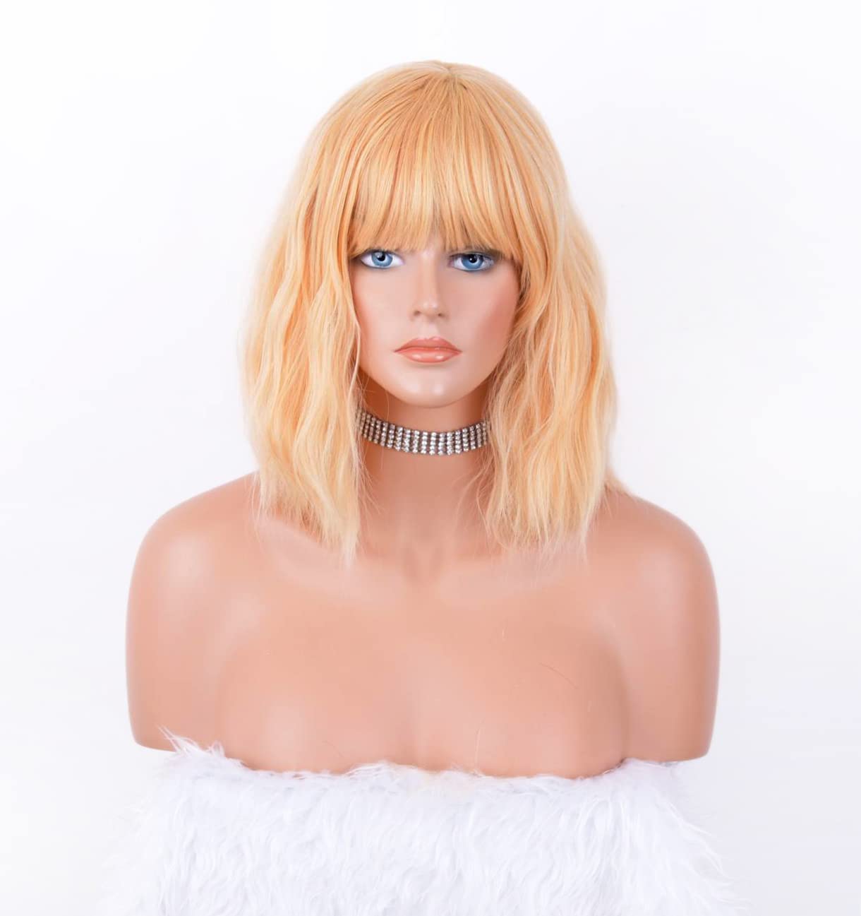 LANOVA Short Curly Wig with Bangs, Yellow Hair Wig, Synthetic Loose Wavy Wigs, Light Orange Wob Wig, 10 inch LANOVA-134-9