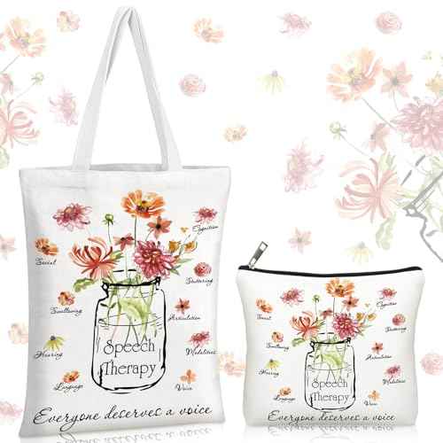 2 Pcs Christmas Speech Therapy Gifts Speech Language Pathologist Tote Bag with Cosmetic Bag Christmas Occupational Therapy Appreciation Gifts for Women St Slp Assistant Therapist