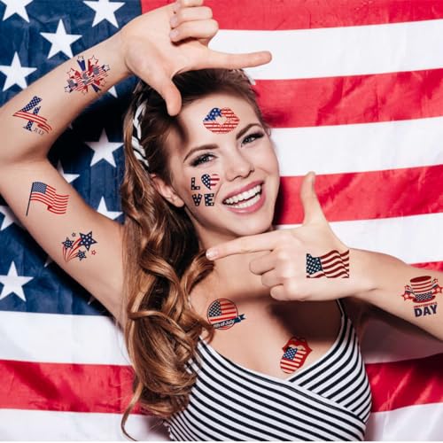 4th of July Temporary Tattoos - 148 Individually Sheets American Flag Tattoos for Kids Women Men Independence Day Party Decorations and USA Party Favors