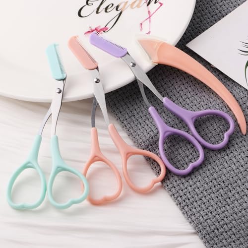 Eyebrow Scissors with Razor & Comb Set - Non-Slip Grip, Pink/Green/Purple