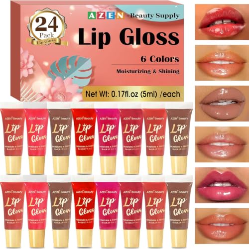AZEN A-24P Lip Gloss Set 24pcs Vitamin E Coconut Oil Hydrating Lip Oil